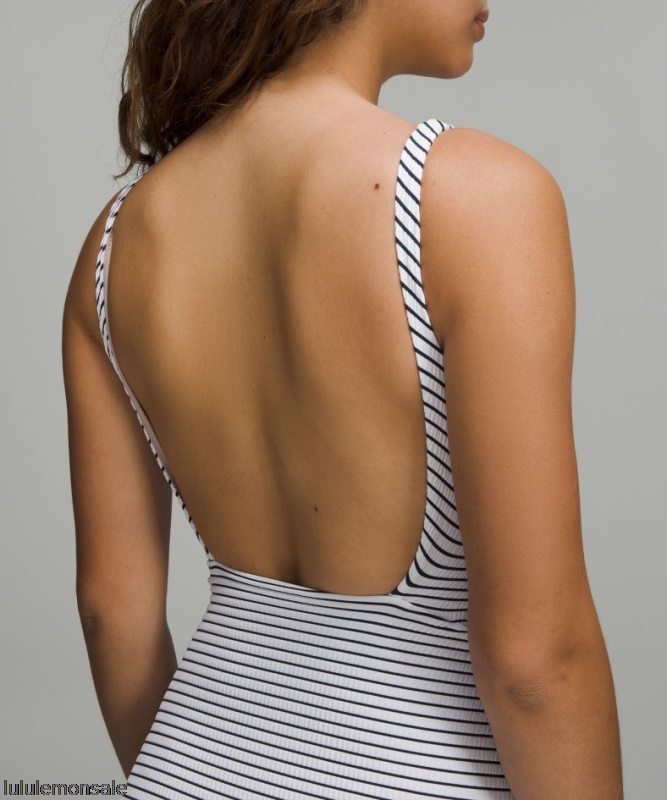 Lululemon Damen DELULU504 | Waterside Einteiliger Badeanzug Mit Eckigem Ausschnitt Gesmokt B/c Cup White True Navy